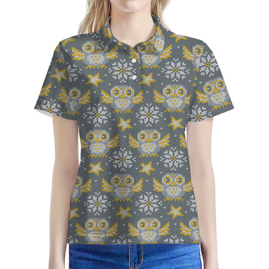 Owl Knitted Pattern Print Women's Polo Shirt