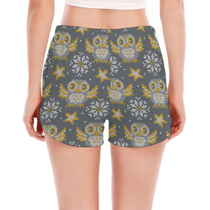 Owl Knitted Pattern Print Women's Split Running Shorts