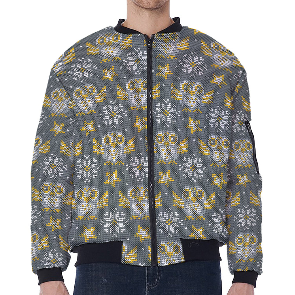 Owl Knitted Pattern Print Zip Sleeve Bomber Jacket