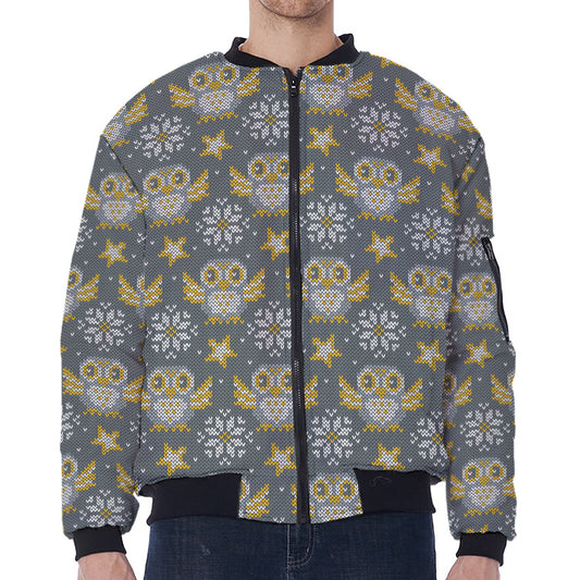 Owl Knitted Pattern Print Zip Sleeve Bomber Jacket