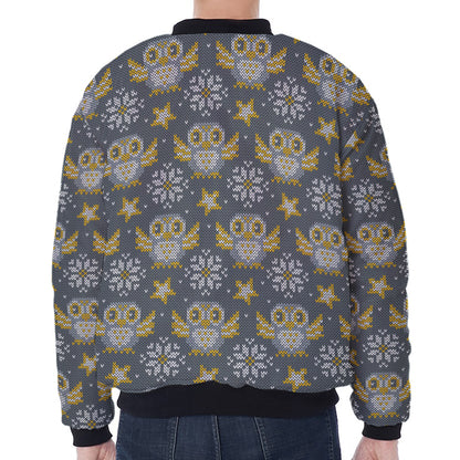 Owl Knitted Pattern Print Zip Sleeve Bomber Jacket
