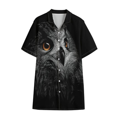Owl Portrait Print Cotton Hawaiian Shirt
