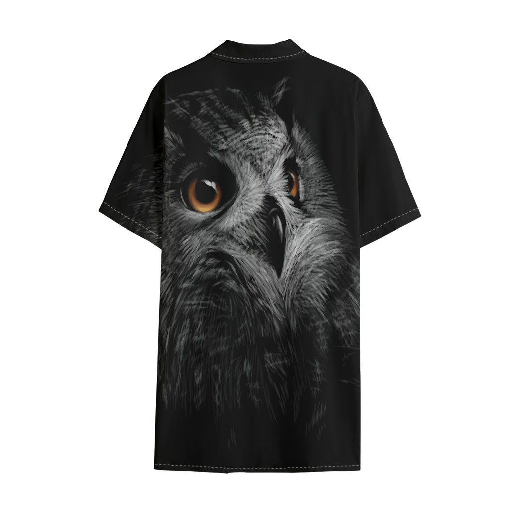 Owl Portrait Print Cotton Hawaiian Shirt