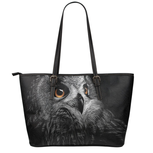 Owl Portrait Print Leather Tote Bag