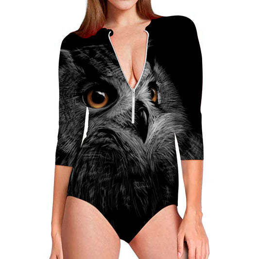 Owl Portrait Print Long Sleeve Swimsuit