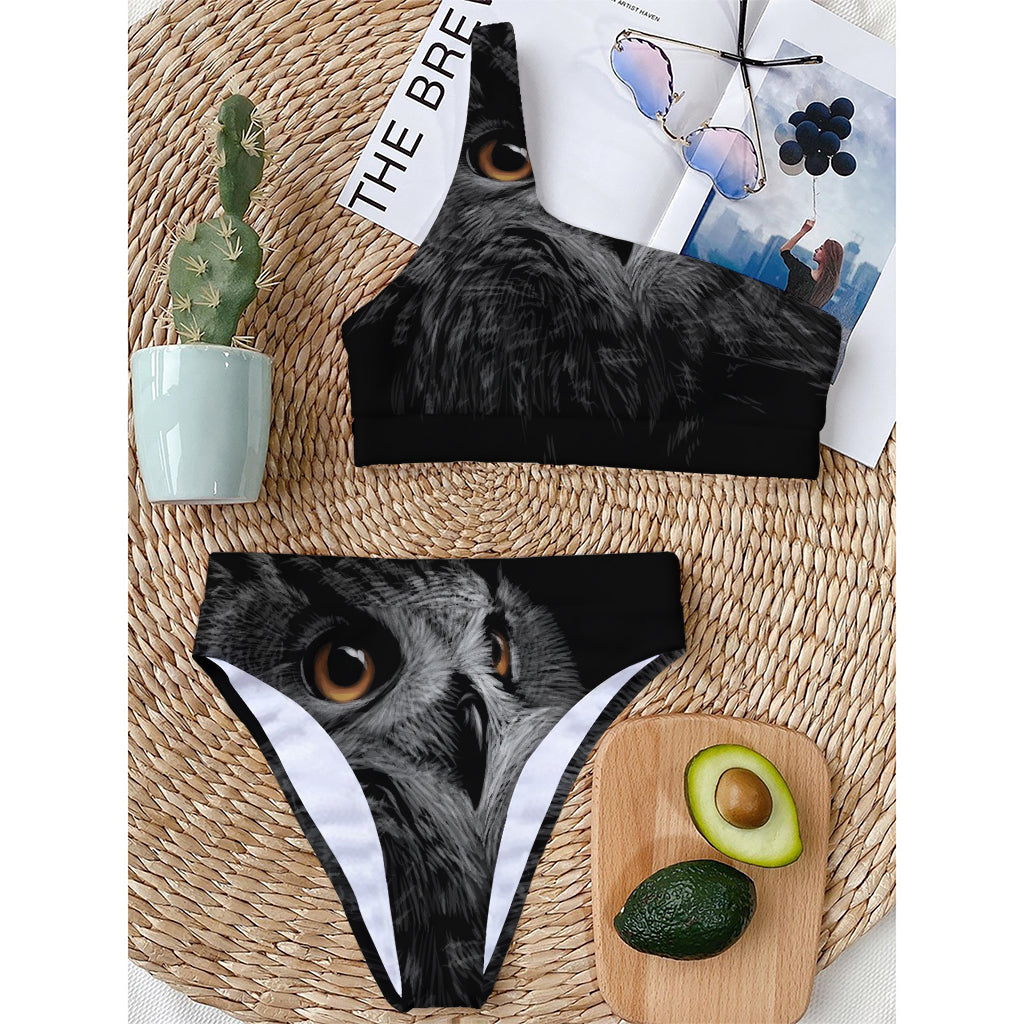 Owl Portrait Print One Shoulder Bikini Top