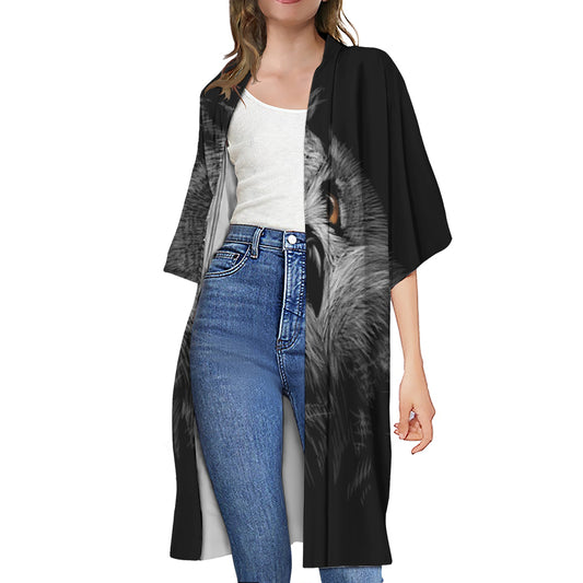 Owl Portrait Print Open Front Beach Cover Up