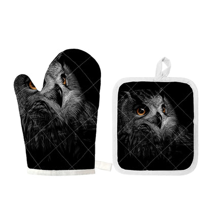 Owl Portrait Print Oven Mitt And Pot Holder Set