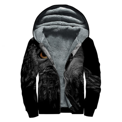 Owl Portrait Print Sherpa Lined Zip Up Hoodie