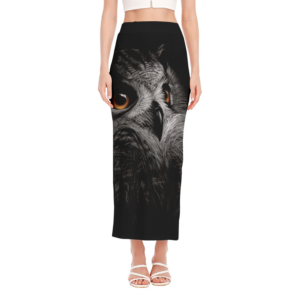 Owl Portrait Print Side Slit Maxi Skirt