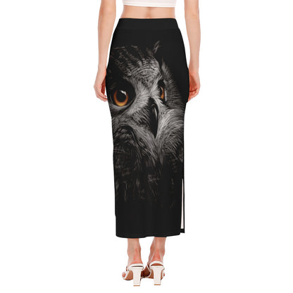 Owl Portrait Print Side Slit Maxi Skirt