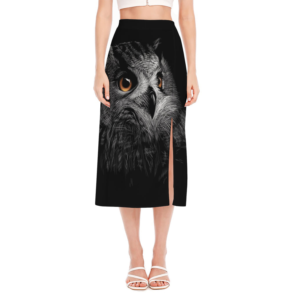 Owl Portrait Print Side Slit Midi Skirt