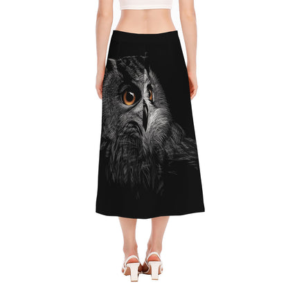 Owl Portrait Print Side Slit Midi Skirt