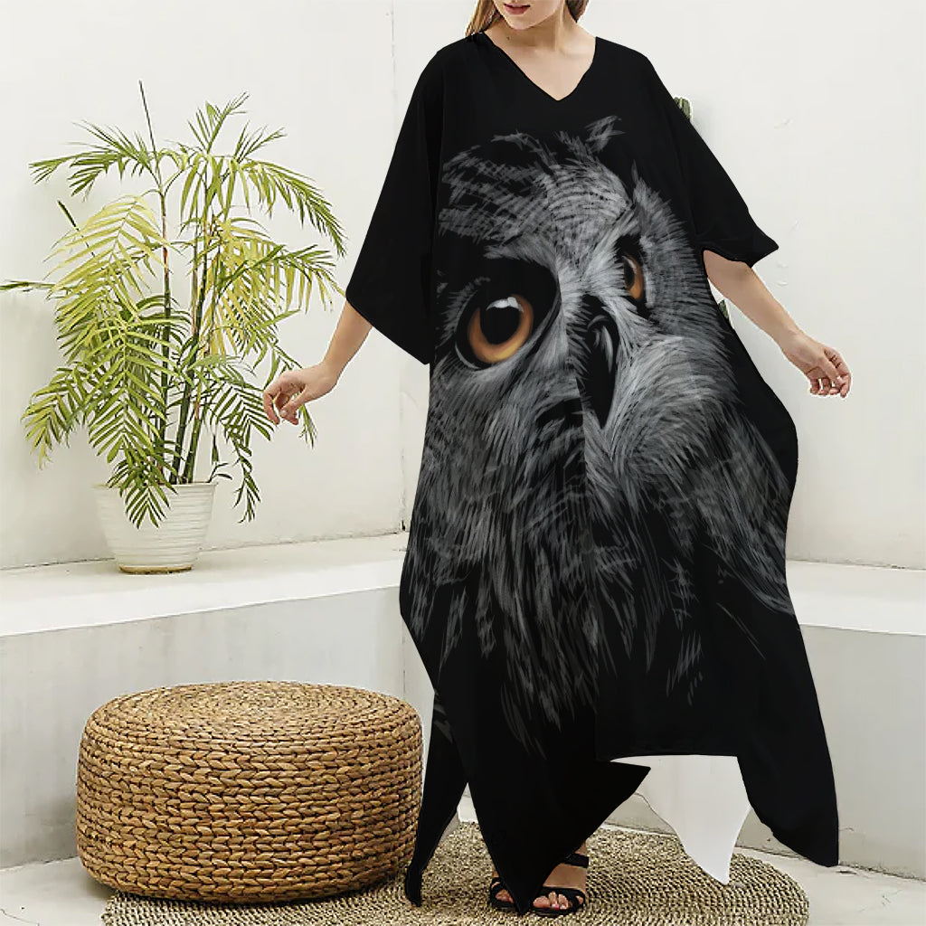 Owl Portrait Print Silk V-Neck Kaftan Dress