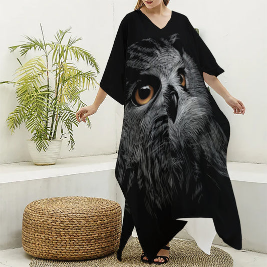 Owl Portrait Print Silk V-Neck Kaftan Dress