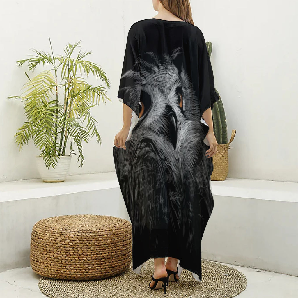 Owl Portrait Print Silk V-Neck Kaftan Dress