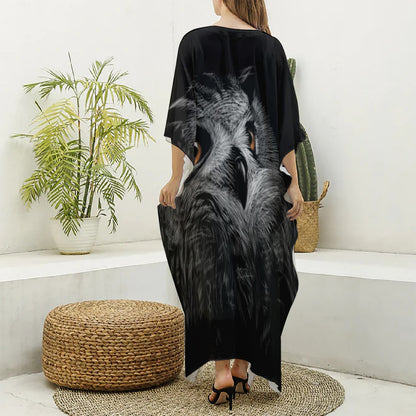 Owl Portrait Print Silk V-Neck Kaftan Dress