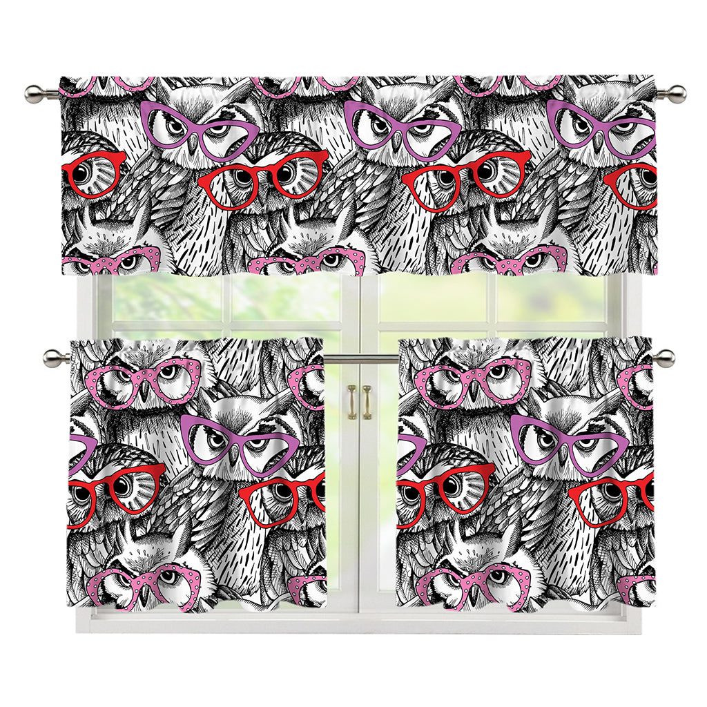 Owl With Glasses Pattern Print 3 Piece Kitchen Curtains