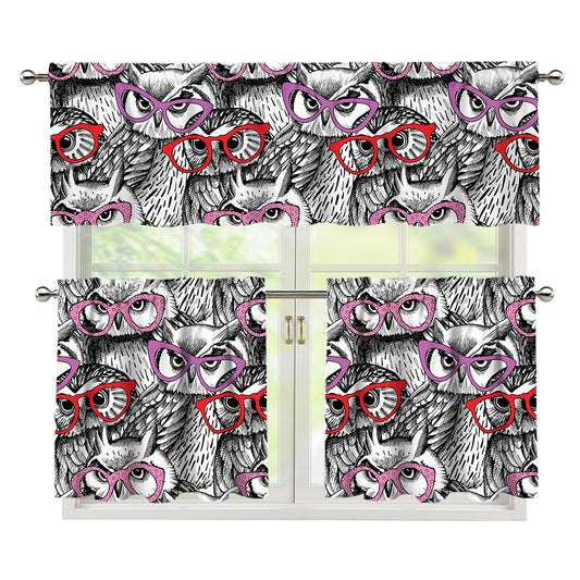 Owl With Glasses Pattern Print 3 Piece Kitchen Curtains
