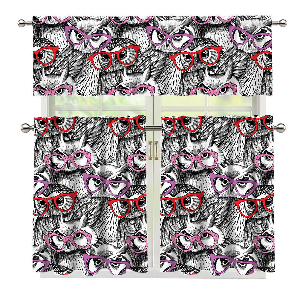 Owl With Glasses Pattern Print 3 Piece Kitchen Curtains