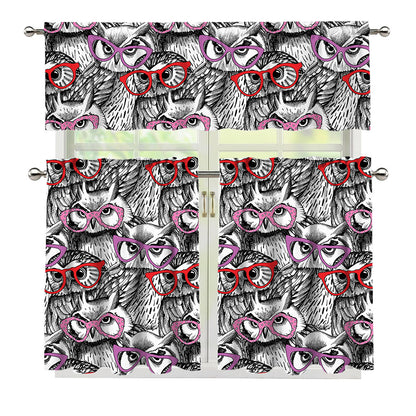 Owl With Glasses Pattern Print 3 Piece Kitchen Curtains