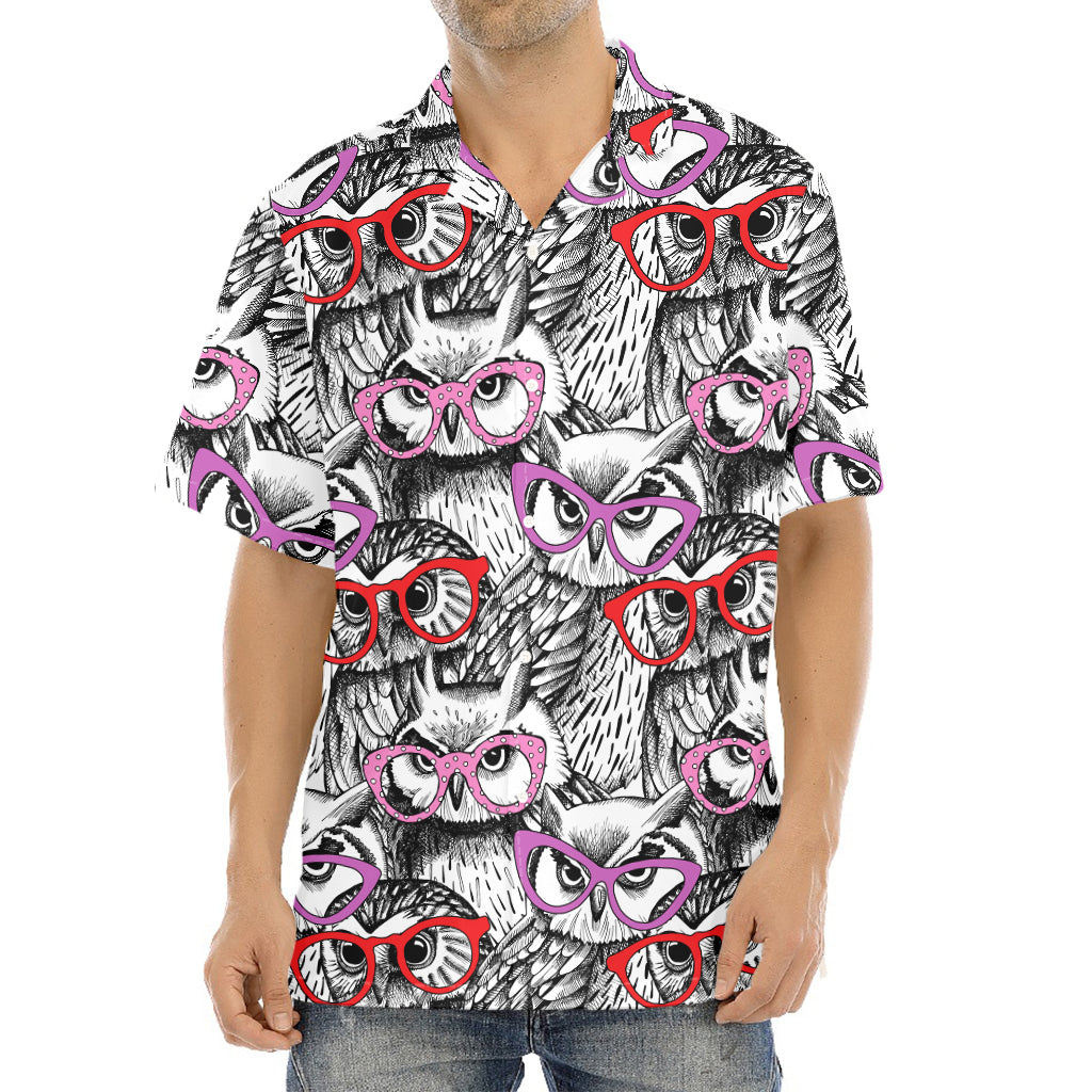 Owl With Glasses Pattern Print Aloha Shirt