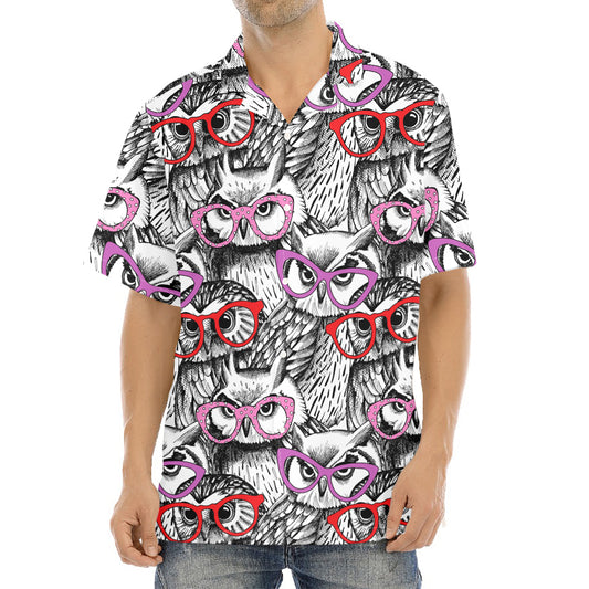 Owl With Glasses Pattern Print Aloha Shirt