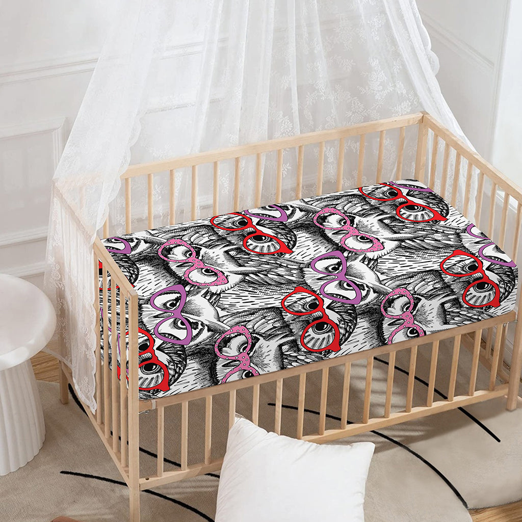Owl With Glasses Pattern Print Baby Crib Sheet