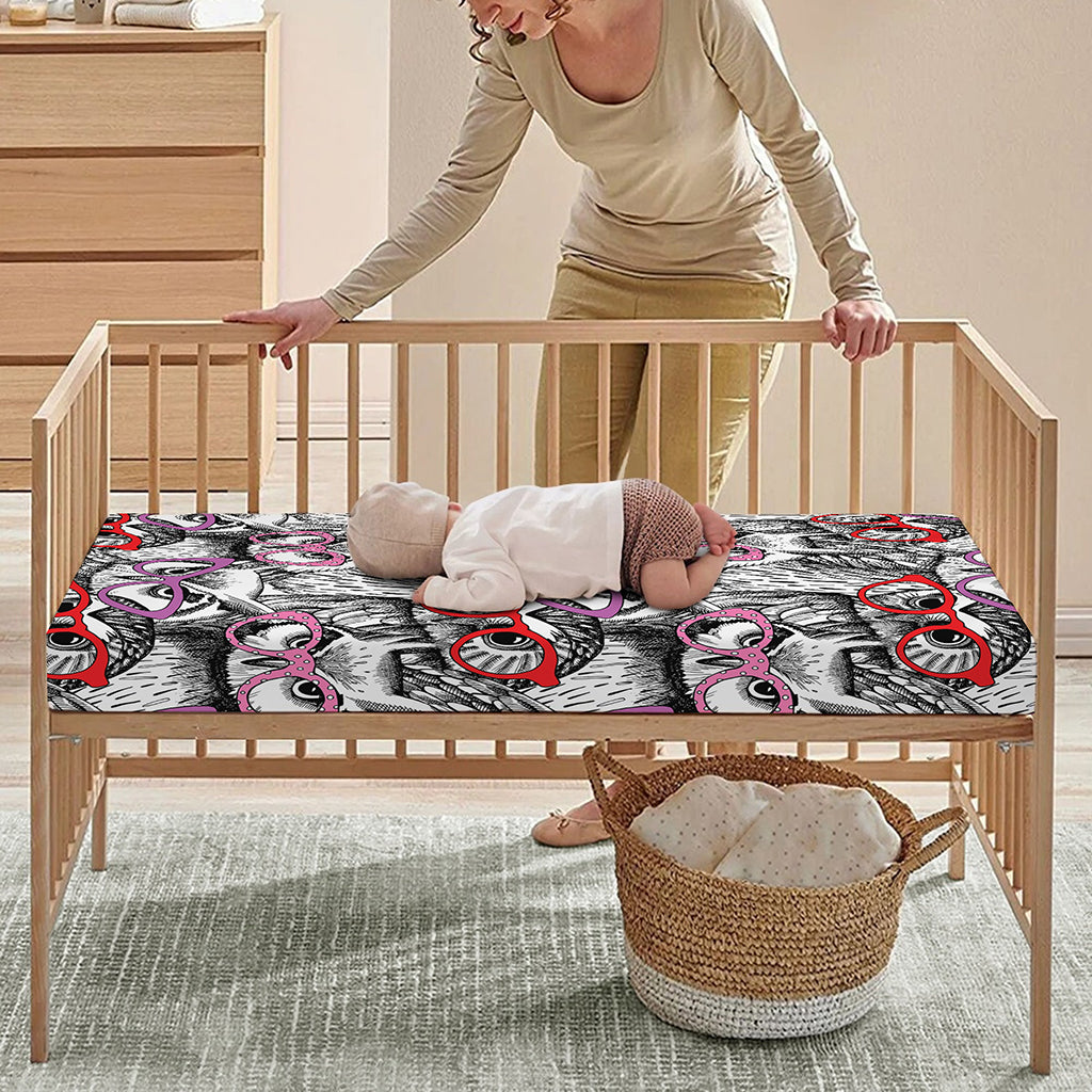 Owl With Glasses Pattern Print Baby Crib Sheet