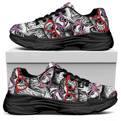 Owl With Glasses Pattern Print Black Chunky Shoes