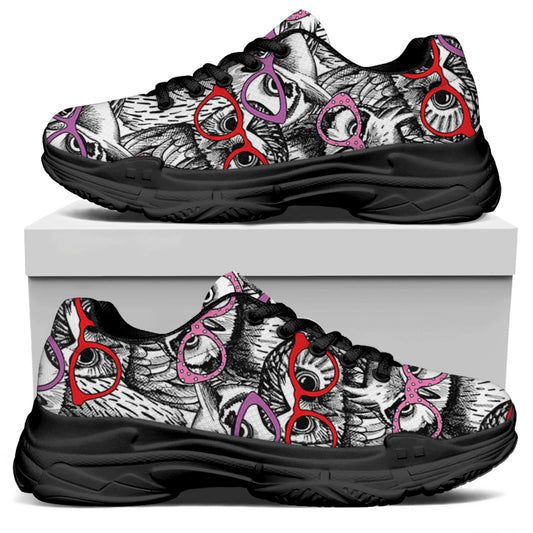 Owl With Glasses Pattern Print Black Chunky Shoes