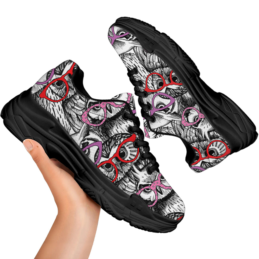 Owl With Glasses Pattern Print Black Chunky Shoes