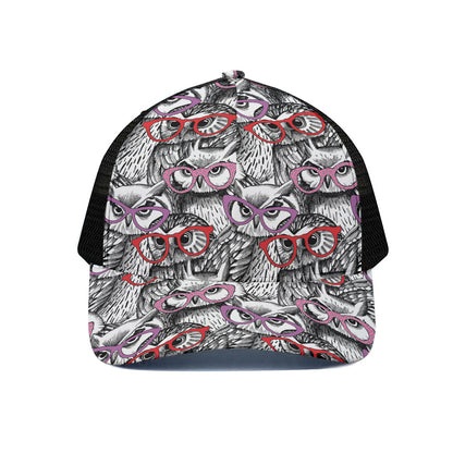 Owl With Glasses Pattern Print Black Mesh Trucker Cap