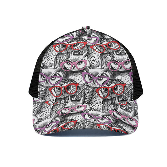Owl With Glasses Pattern Print Black Mesh Trucker Cap