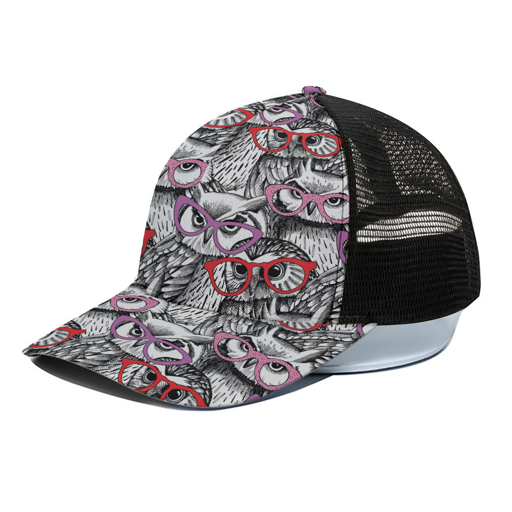 Owl With Glasses Pattern Print Black Mesh Trucker Cap