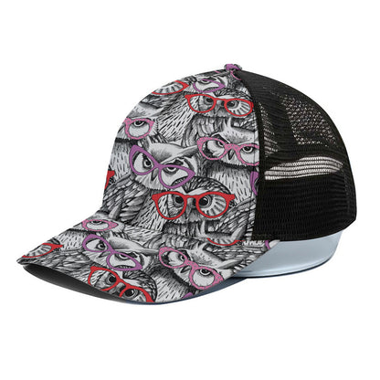 Owl With Glasses Pattern Print Black Mesh Trucker Cap