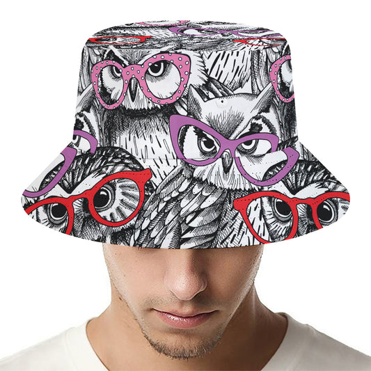 Owl With Glasses Pattern Print Bucket Hat