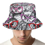 Owl With Glasses Pattern Print Bucket Hat