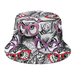 Owl With Glasses Pattern Print Bucket Hat