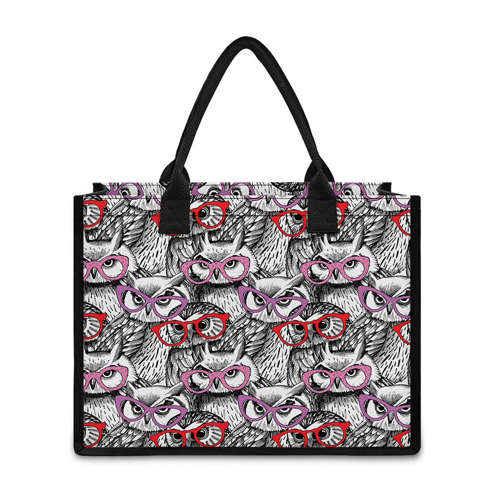 Owl With Glasses Pattern Print Canvas Tote Bag
