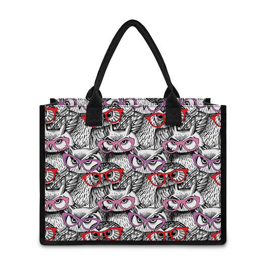 Owl With Glasses Pattern Print Canvas Tote Bag