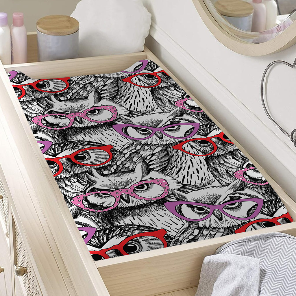 Owl With Glasses Pattern Print Changing Pad Cover