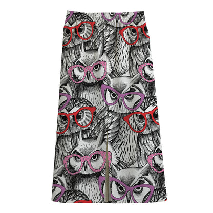 Owl With Glasses Pattern Print Cotton Front Slit Maxi Skirt