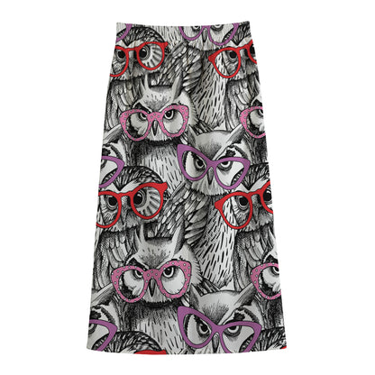 Owl With Glasses Pattern Print Cotton Front Slit Maxi Skirt