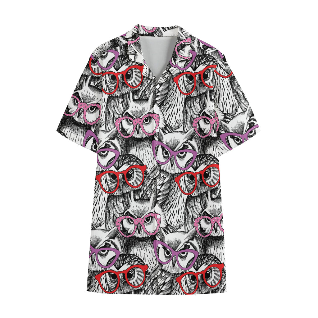 Owl With Glasses Pattern Print Cotton Hawaiian Shirt