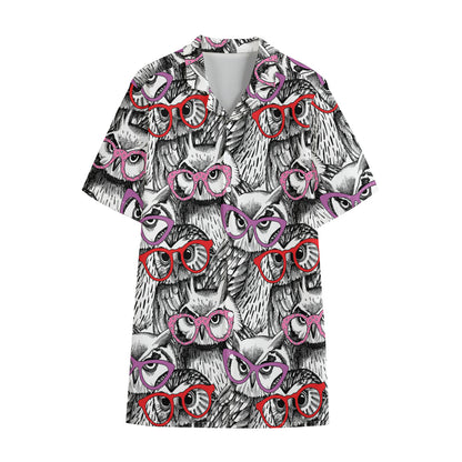 Owl With Glasses Pattern Print Cotton Hawaiian Shirt