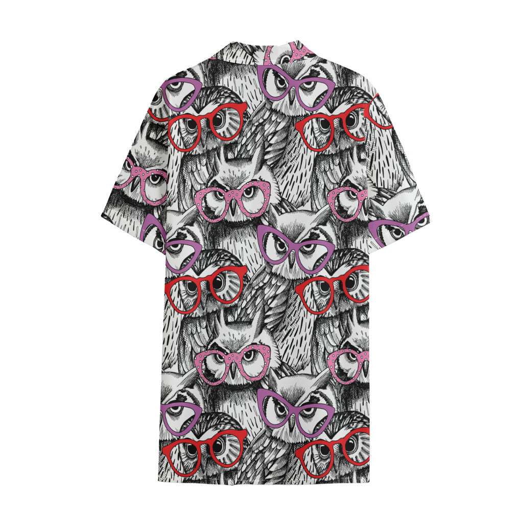 Owl With Glasses Pattern Print Cotton Hawaiian Shirt