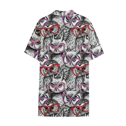 Owl With Glasses Pattern Print Cotton Hawaiian Shirt