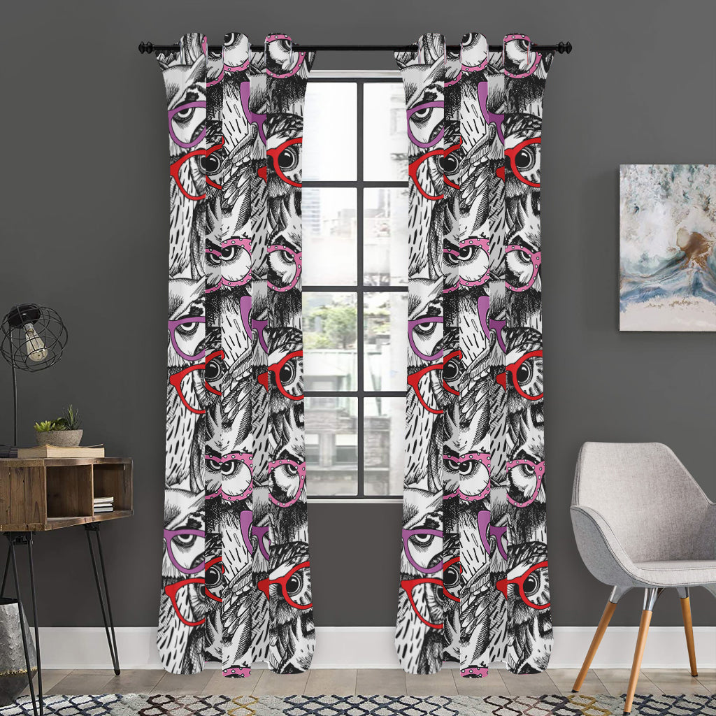 Owl With Glasses Pattern Print Curtain