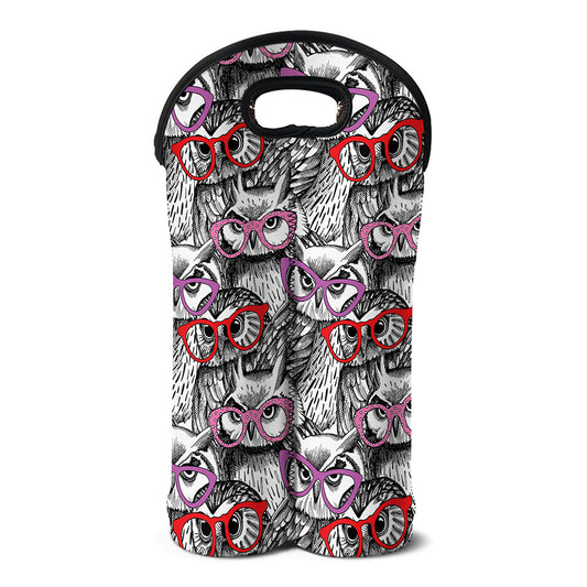 Owl With Glasses Pattern Print Double Neoprene Wine Tote